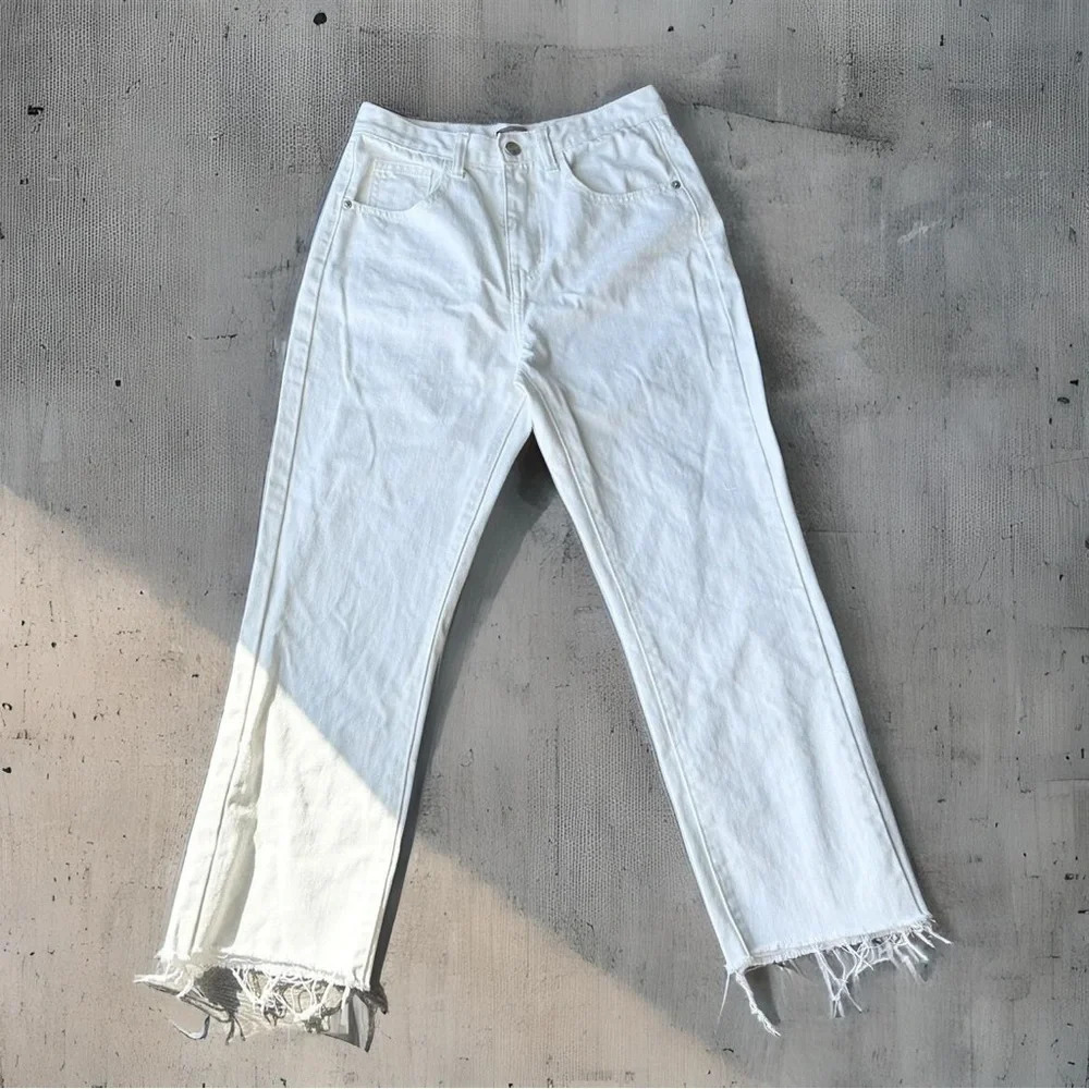 Nasty Gal White Frayed Hem High Rise Mom Jeans